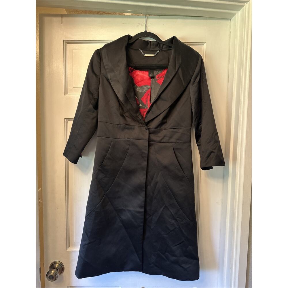 White House Black Market Black Satin Trench Coat Jacket Small Dressy Fancy